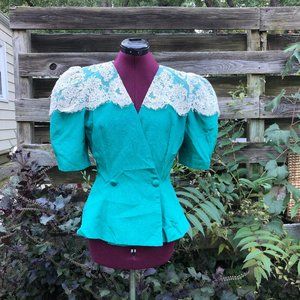 Watters & Watters Vintage 1980s Teal & Lace Blouse